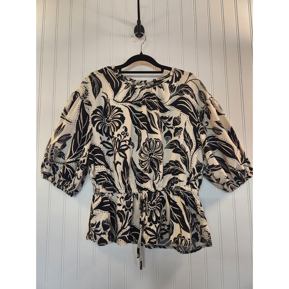 Women's Black Beige‎ Floral Print Puff Sleeve Babydoll Tunic Peasant Top Size M